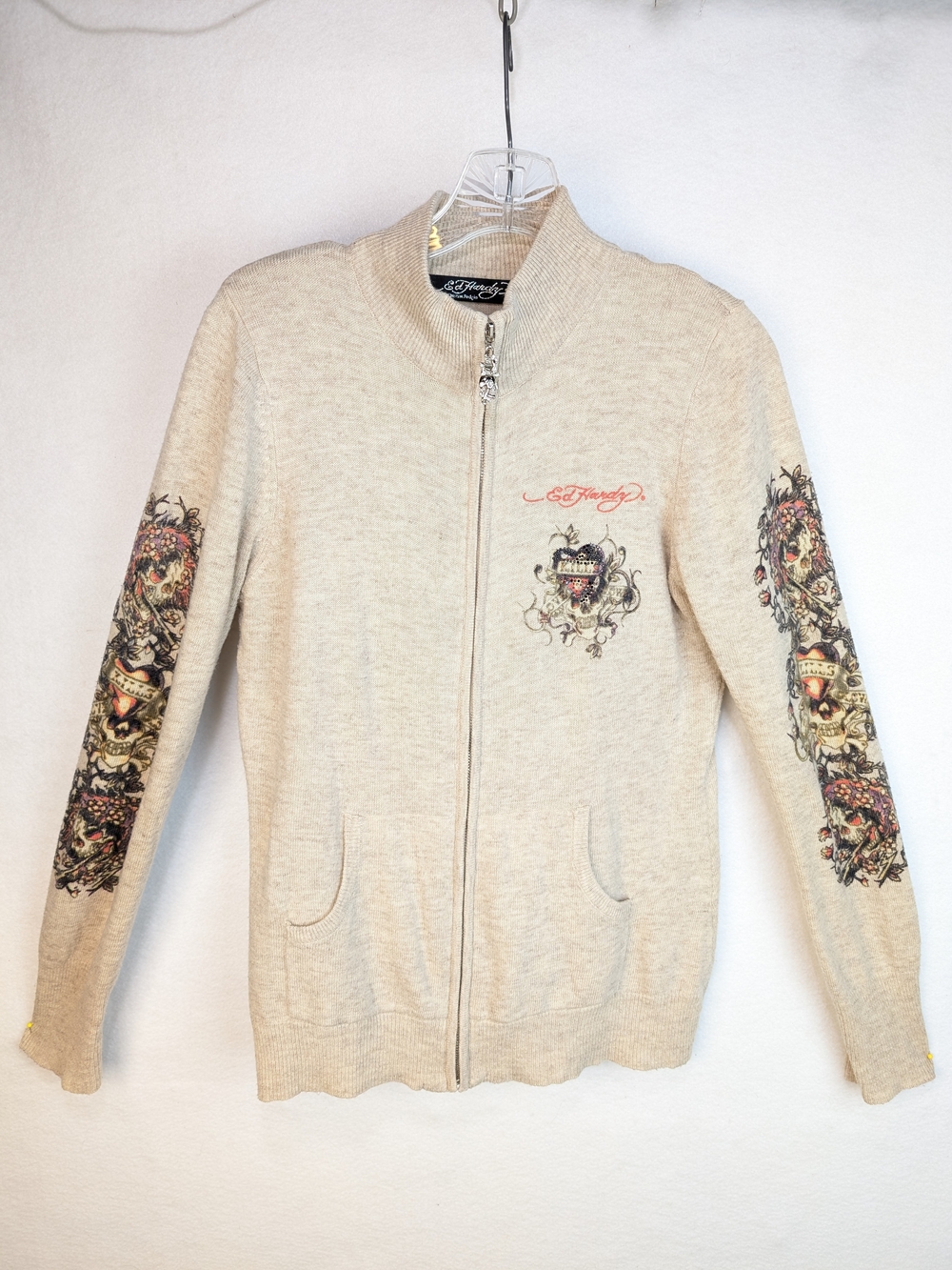 Vtg Y2K Ed Hardy Size XL (Fits M-L) Wool Angora Zip Up Graphic Cardigan Sweater